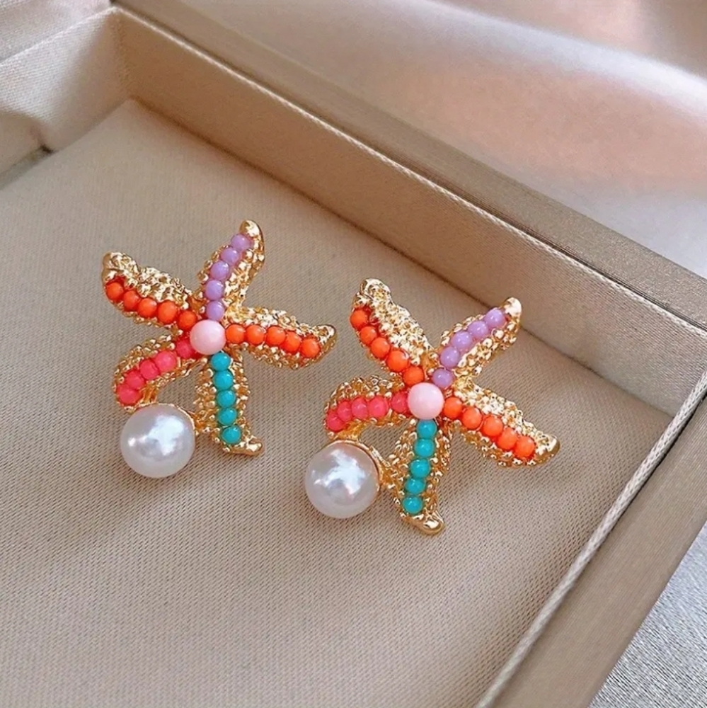 NEW! Vibrant Colorful Beaded Starfish Earrings W/ Faux Pearl.